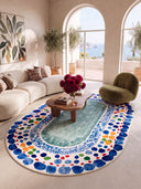 Seashore Pebble Blue Geometric Bordered Rug