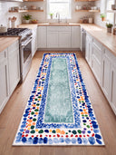 Seashore Pebble Blue Geometric Bordered Rug