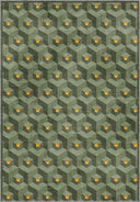 Zeytin yeşili ve gri tonlarında, modern petek desenli, geometrik dokuma halı. Oturma odası dekorasyonu için ideal.