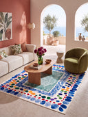 Seashore Pebble Blue Geometric Bordered Rug
