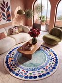 Seashore Pebble Blue Geometric Bordered Rug
