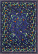 Lacivert zemin üzerine zarif çiçek desenleriyle bezeli, modern ve klasik tarzda Gece Bahçesi halısı.