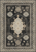 Siyah-gri zemin üzerinde zarif çarkıfelek desenli, otantik kilim halı. Modern ve geleneksel dekorasyona uyumlu.